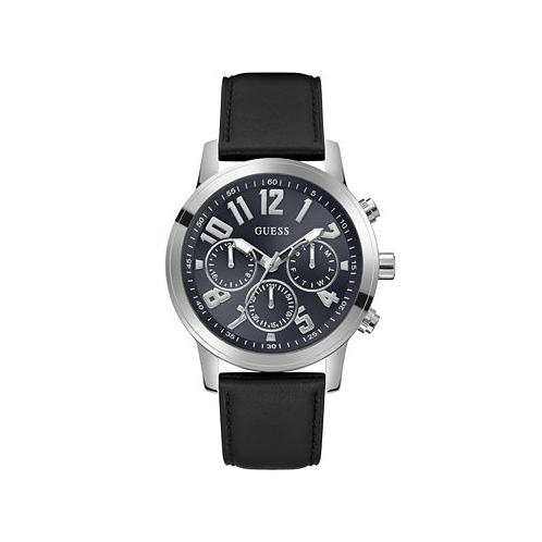 GUESS Mens Analog Black Genuine Leather Watch 44mm