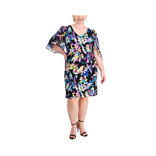 Connected Plus Size Printed V-Neck Cape-Sleeve Dress