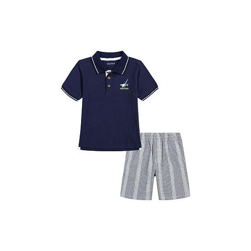 Nautica Toddler Boys Tipped Pique Polo Shirt and Prewashed Plaid Shorts 2 Pc Set