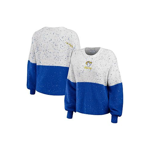 WEAR by Erin Andrews Womens White Royal Los Angeles Rams Lighweight Modest Crop Color-Block Pullover Sweater