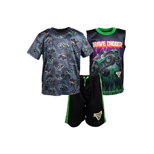 Monster Jam Boys Graphic T-Shirt Tank Top Mesh Shorts 3 Piece Outfit Set Toddler| Child