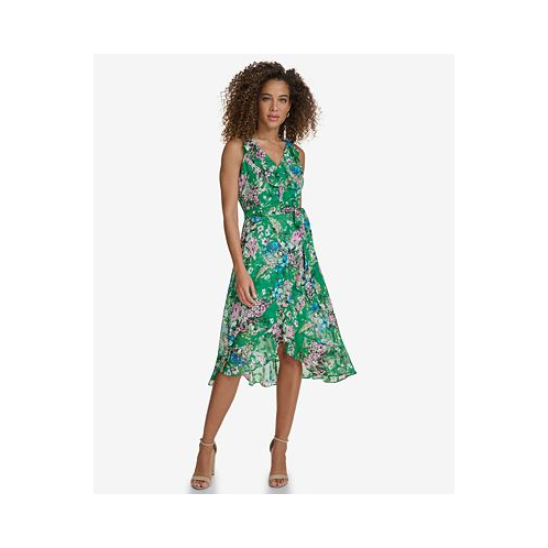 Kensie Womens Floral-Print Ruffled Sleeveless Midi Dress