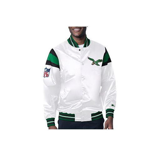 Starter Mens White Kelly Green Distressed Philadelphia Eagles Vintage-Like Satin Full-Snap Varsity Jacket