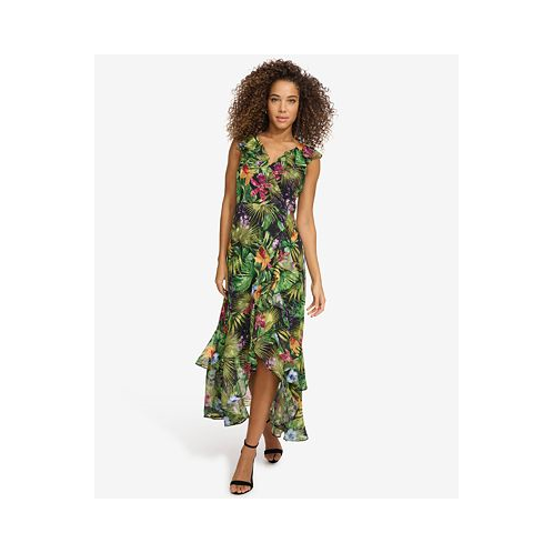 Kensie Womens Floral-Print Chiffon Ruffled Maxi Dress