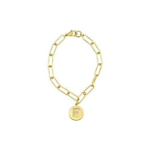 ADORNIA Tarnish Resistant 14K Gold-Plated Pave Crystal Initial Disc Paperclip Bracelet