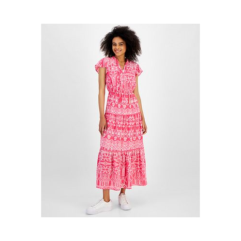 Tinsel Petite Mixed-Print Flutter-Sleeve Tiered Maxi Dress