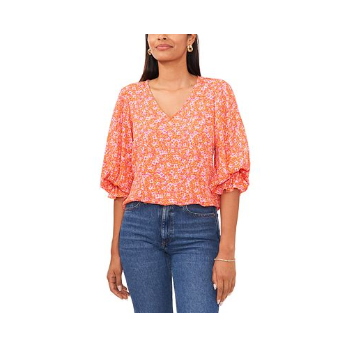 Vince Camuto Womens Floral V-Neck Smocked Cuff Long-Sleeve Top