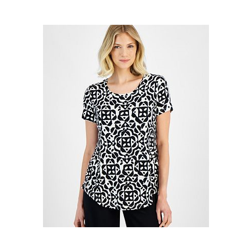 JM Collection Womens Printed Scoop-Neck Short-Sleeve Top