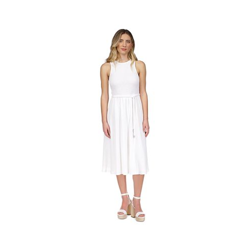 Michael Kors Womens Smocked Textured Sleeveless Midi Dress