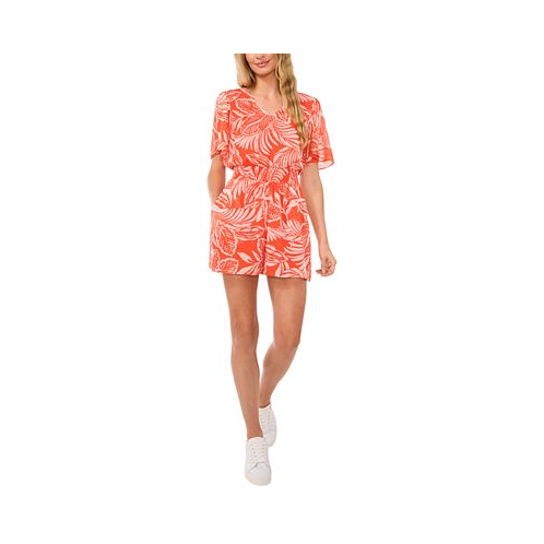 CeCe Womens Tropical Flutter-Sleeve Smocked-Waist Romper