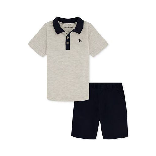 Calvin Klein Little Boys Cotton Heather Jersey Polo Shirt & Twill Shorts 2 Piece Set