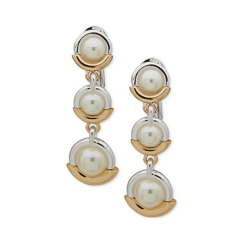 Anne Klein Two-Tone Imitation Pearl Ring Clip-On Triple Drop Earrings