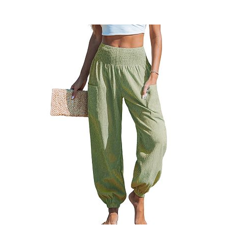CUPSHE Womens Green Striped Smocked Waist Patch Pocket Pants
