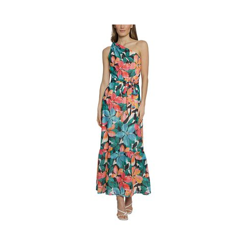 Maggy London Womens Printed Asymmetric-Neck Maxi Dress