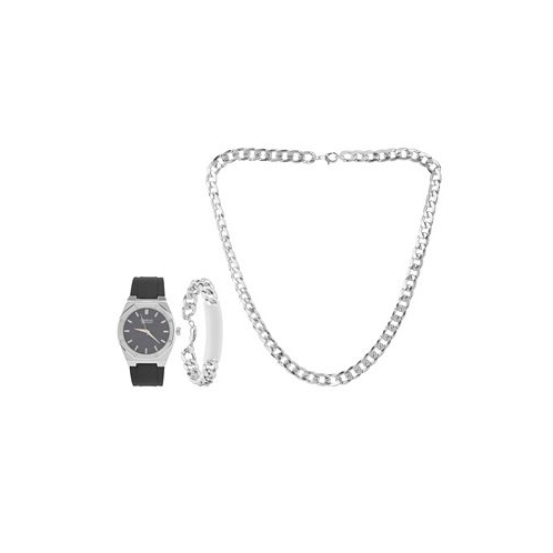 American Exchange Mens Quartz Black Silicone Strap Watch 42mm Gift Set