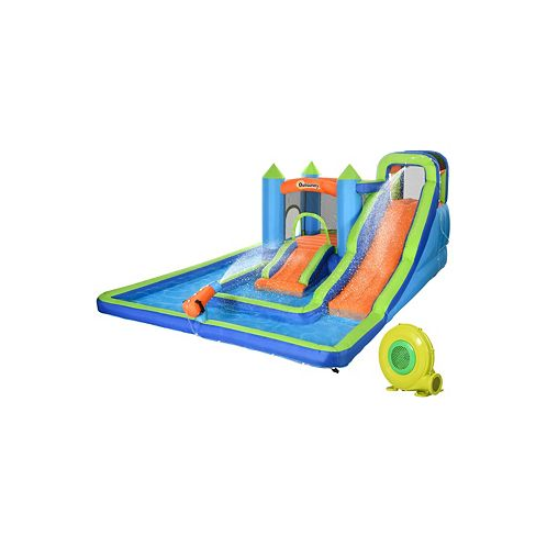 Outsunny 5 in-1 Kids Bounce House with Two Slides Pool Trampoline Climbing Wall Water Cannon for 3-8 Years Old
