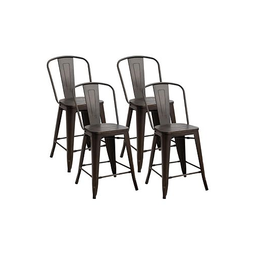 Costway Copper Set of 4 Metal Wood Counter Stool Kitchen Bar Chairs