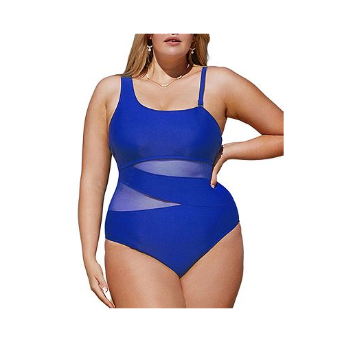 CUPSHE Plus Size Dreamscapes Mesh One-Shoulder One Piece Swimsuit