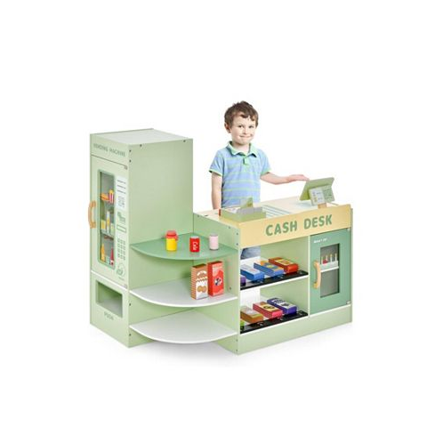 Slickblue Kids Wooden Supermarket Play Toy Set with Checkout Counter-Green