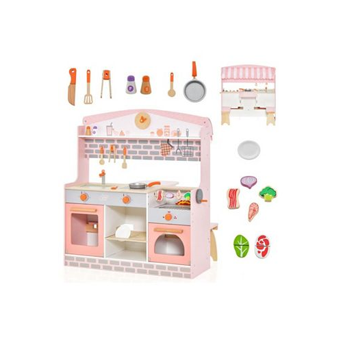 Slickblue Double-Sided Kids Play Kitchen Set with Canopy and 2 Seats