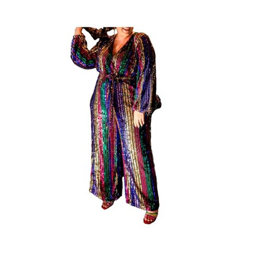 ELOQUII Plus Size Multicolor Stripe Sequin Jumpsuit