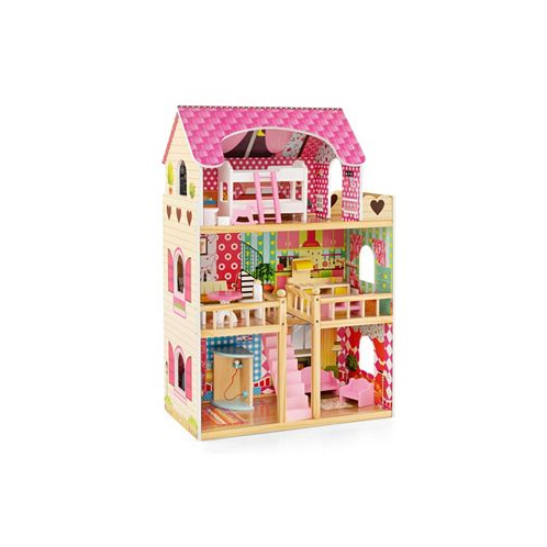 Slickblue Doll House Playset with 3 Stories and 6 Simulated Rooms and 15 Pieces of Furniture-Pink