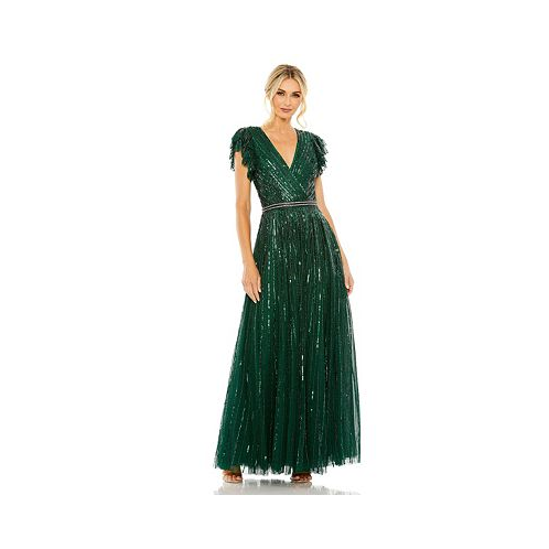 Mac Duggal Womens Sequined Wrap Over Ruffled Cap Sleeve Gown
