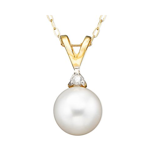 Belle de Mer Pearl Cultured Freshwater Pearl (6-1/2mm) and Diamond Accent Pendant Necklace in 14k Gold