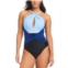 Beyond Control Womens Colorblocked High-Neck Keyhole Twist-Detail One-Piece Swimsuit