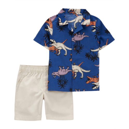 Carters Navy/Khaki Baby 2-Piece Dinosaur Button-Front Shirt & Short Set