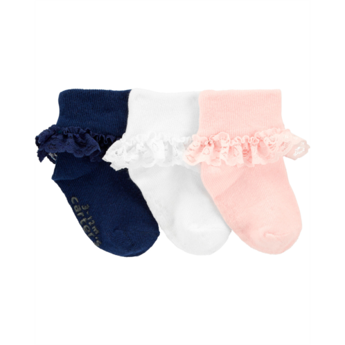 Oshkoshbgosh Pink/White/Navy Baby 3-Pack Lace Cuff Socks | oshkosh.com