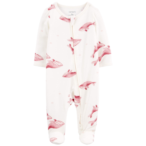 Carters Ivory/Pink Baby Whale Print Zip-Up PurelySoft Sleep & Play Pajamas