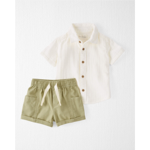 Carters Sweet Cream, Jurassic Green Baby Button-Front Shirt and Shorts Set Made with Organic Cotton