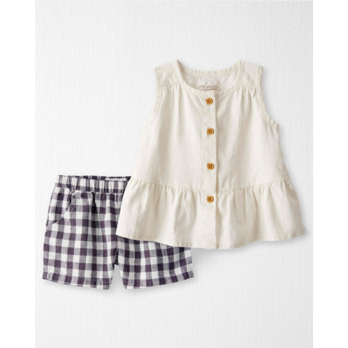 Carters Sweet Cream, Charcoal Baby 2-Piece Ruffle Top & Gingham Shorts Made With Linen and LENZING ECOVERO