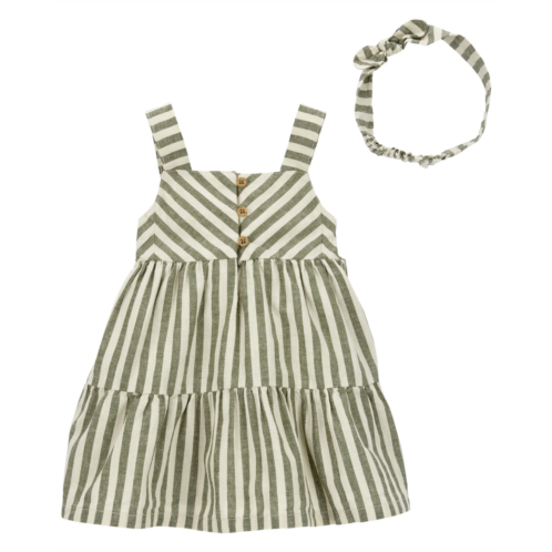 Carters Green Baby 2-Piece Striped Linen Dress & Headwrap Set