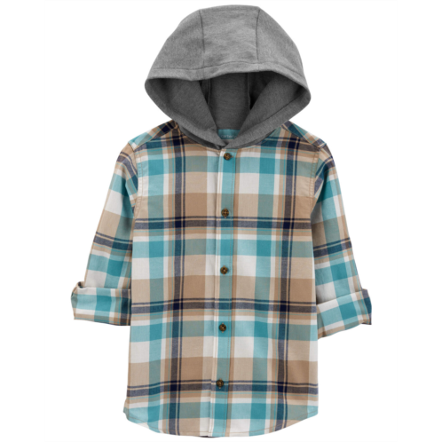 Carters Blue/Grey Kid Plaid Hooded Button-Front Shirt