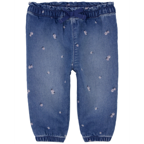 Carters Medium Wash Baby Floral Print Knit-Like Denim Joggers