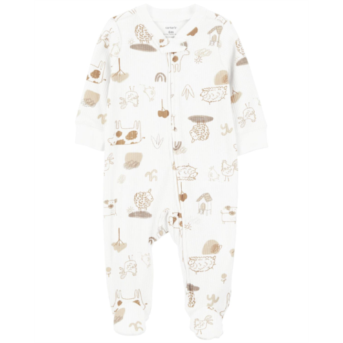 Carters Ivory Baby Animals 2-Way Zip Cotton Blend Sleep & Play Pajamas