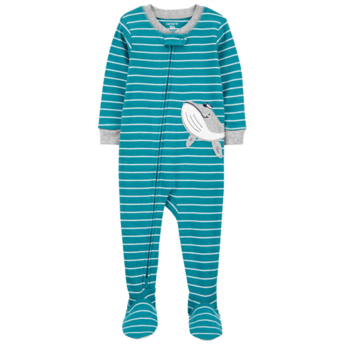 Carters Blue Baby 1-Piece Striped Whale 100% Snug Fit Cotton Footie Pajamas