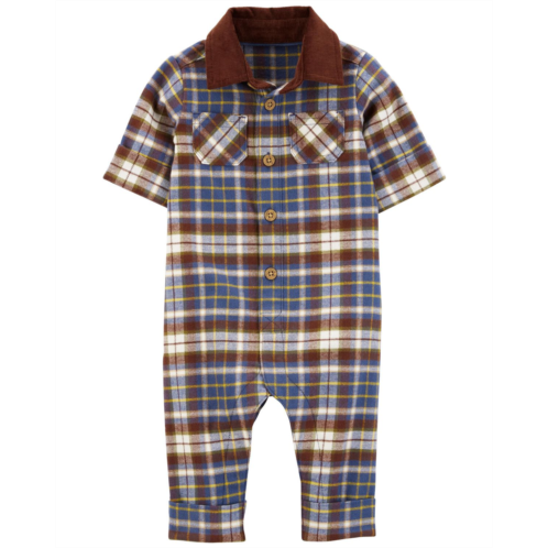Carters Brown/Blue Baby Plaid Cotton Jumpsuit