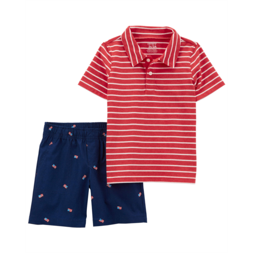 Carters Red Toddler 2-Piece Striped Polo Shirt & Short Set