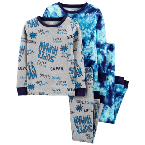 Carters Blue Kid 4-Piece Super Human Blue Tie Dye 100% Snug Fit Cotton Pajamas