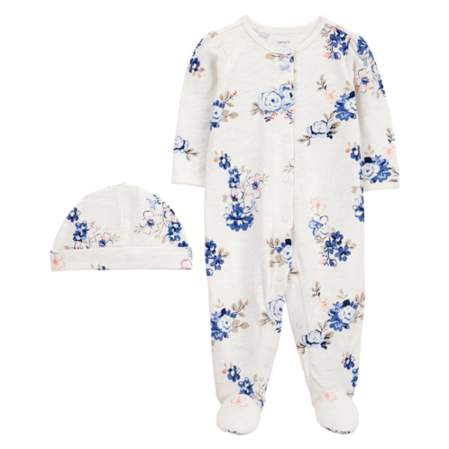 Carters Ivory Baby 2-Piece Floral Snap-Up Sleep & Play & Cap Set