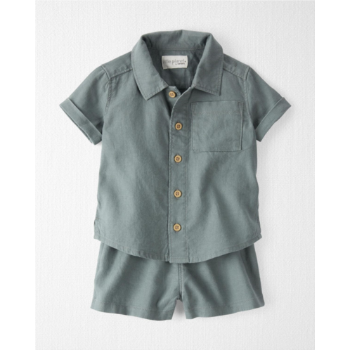 Carters Olive Sage Baby 2-Piece Button-Front Shirt and Shorts Set Made with LENZING ECOVERO and Linen