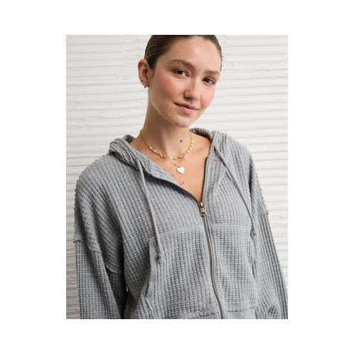 American Eagle AE Cropped Waffle Zip-Up Hoodie