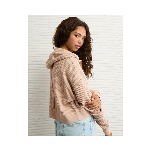 American Eagle AE Cropped Waffle Zip-Up Hoodie