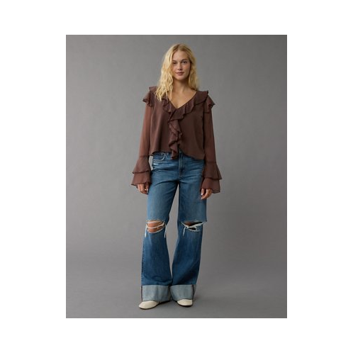 American Eagle AE Long-Sleeve Chiffon Ruffle Blouse