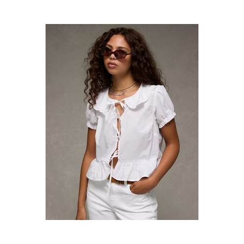 American Eagle AE Collared Puff Sleeve Tie Front Blouse