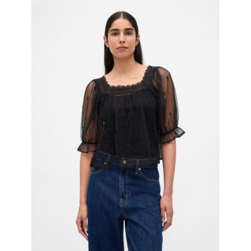 Gap Sheer Tulle Embroidered Top