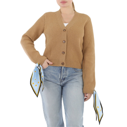 Burberry ladies scarf tie detail wool cardigan in camel